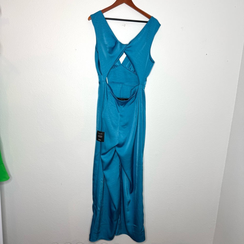 Lulu's Remarkable Style Blue Satin Twist-Back‎ Cutout Wide-Leg Jumpsuit - Picture 4 of 10